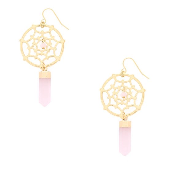 Rose Quartz Crystal Gold Dreamcatcher Earrings NEW - Picture 5 of 6